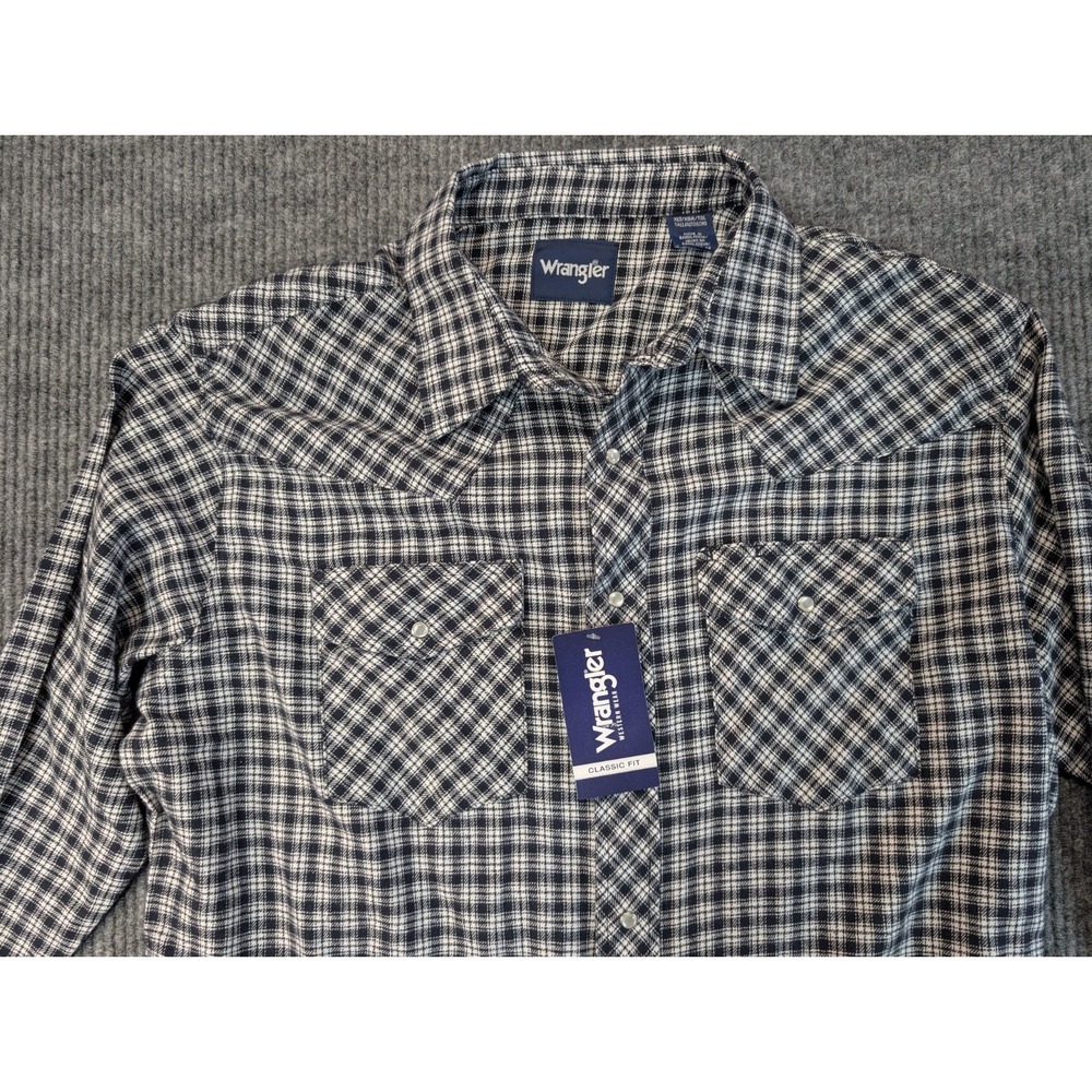 Wrangler Western Shirt Men XLT Black White Plaid Flannel Pearl Snap NWT - Picture 2 of 11